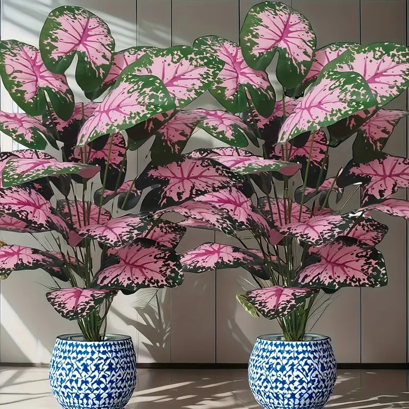 2-piece large artificial black rock plant with pink flowers and green leaves, suitable for indoor and outdoor home office wedding Christmas Easter Thanksgiving decoration (without pot)