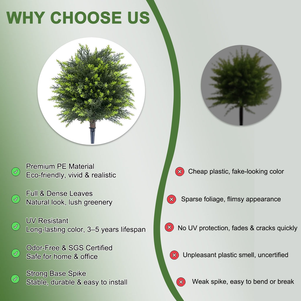 YUSS 21 inch Artificial Cypress Topiary Plants 2 Pack, Faux Cedar Bushes with Ground Spike UV Resistant, Outdoor Fake Shrubs for Front Porch Decor