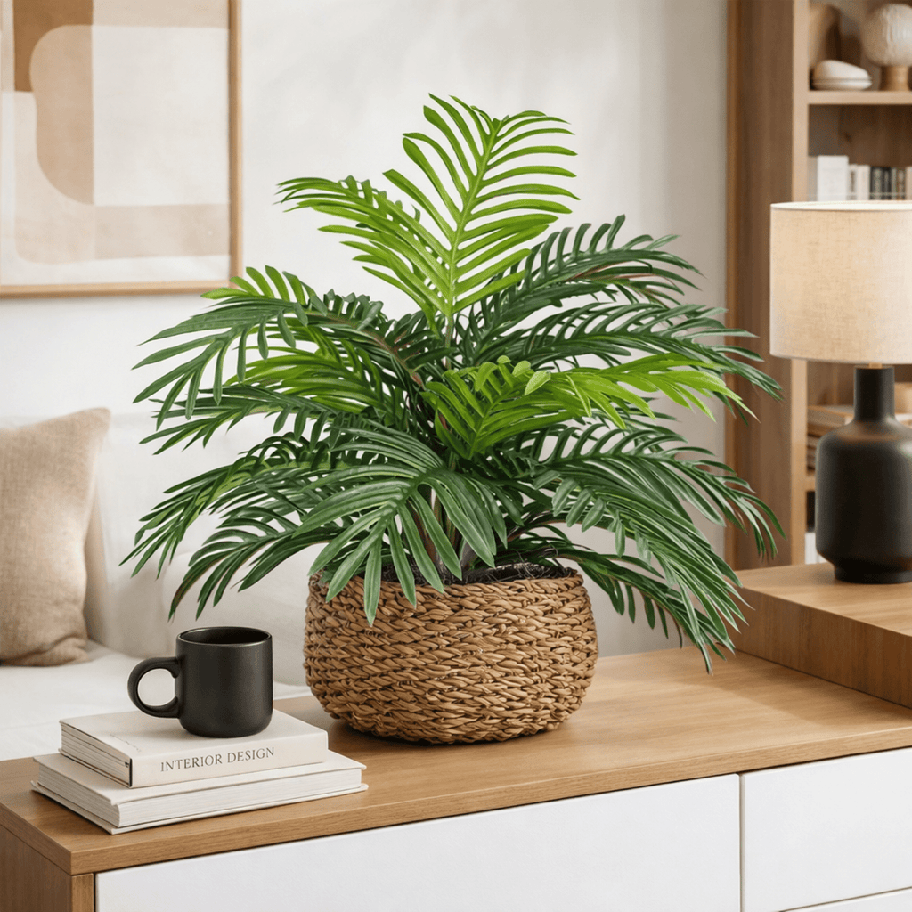 Artificial Plant, 14" Artificial Phoenix Palm in Low Round Handwoven Basket by LCG Florals, Faux Designer Fake Indoor Tabletop Plant for Living Room, Office, and Home Décor