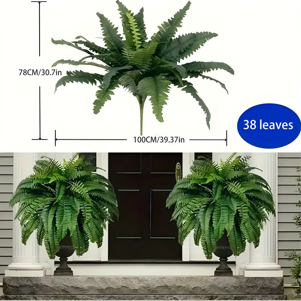 38 leaves 2 pieces lifelike artificial Boston fern plants, versatile faux potted plants for home, garden porch cabin decor, hanging display, indoor/out use, pot not included