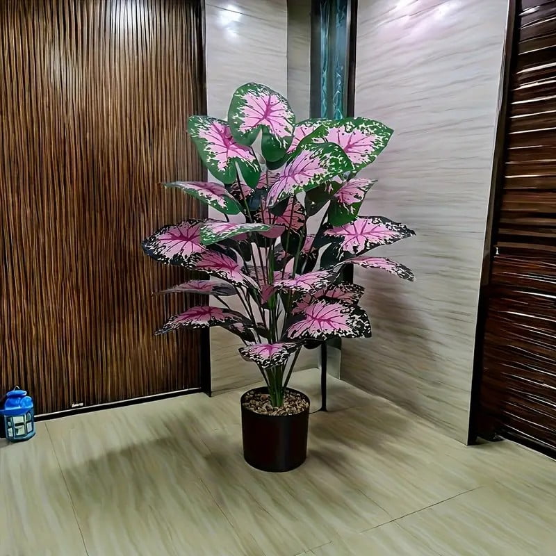 2-piece large artificial black rock plant with pink flowers and green leaves, suitable for indoor and outdoor home office wedding Christmas Easter Thanksgiving decoration (without pot)