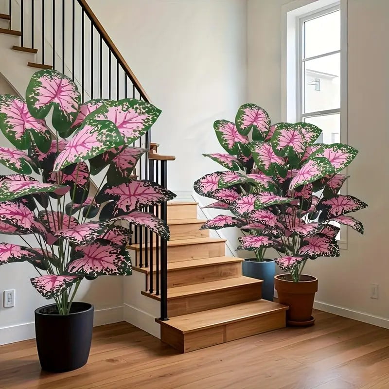 2-piece large artificial black rock plant with pink flowers and green leaves, suitable for indoor and outdoor home office wedding Christmas Easter Thanksgiving decoration (without pot)